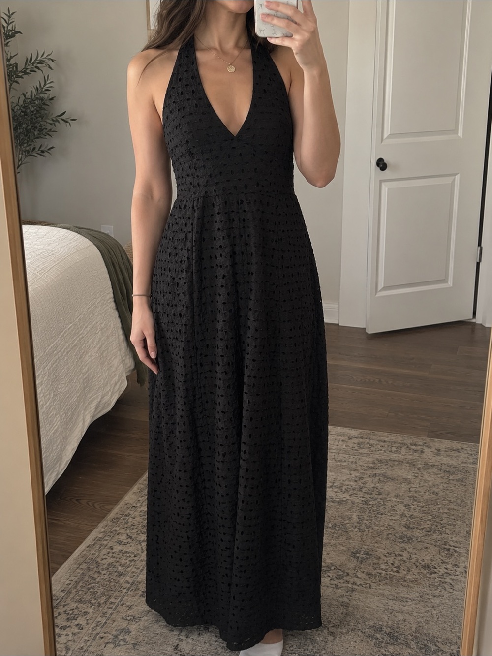 Classic Black Halter Eyelet Maxi Dress